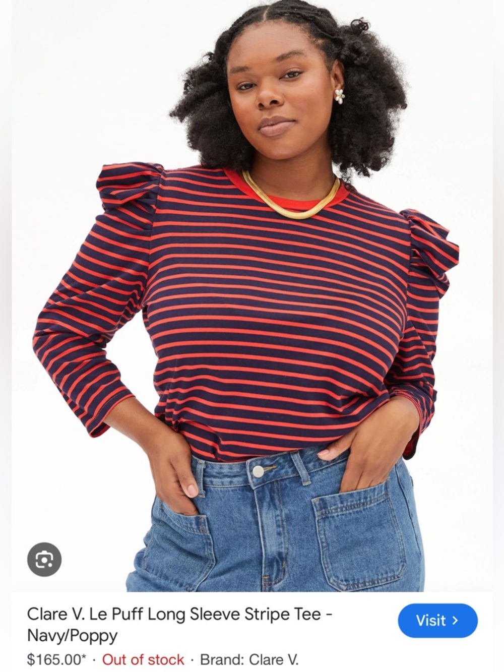 Clare V Red and Navy Puff-Sleeve Striped Long-Sleeve Tee - Picture 2 of 15